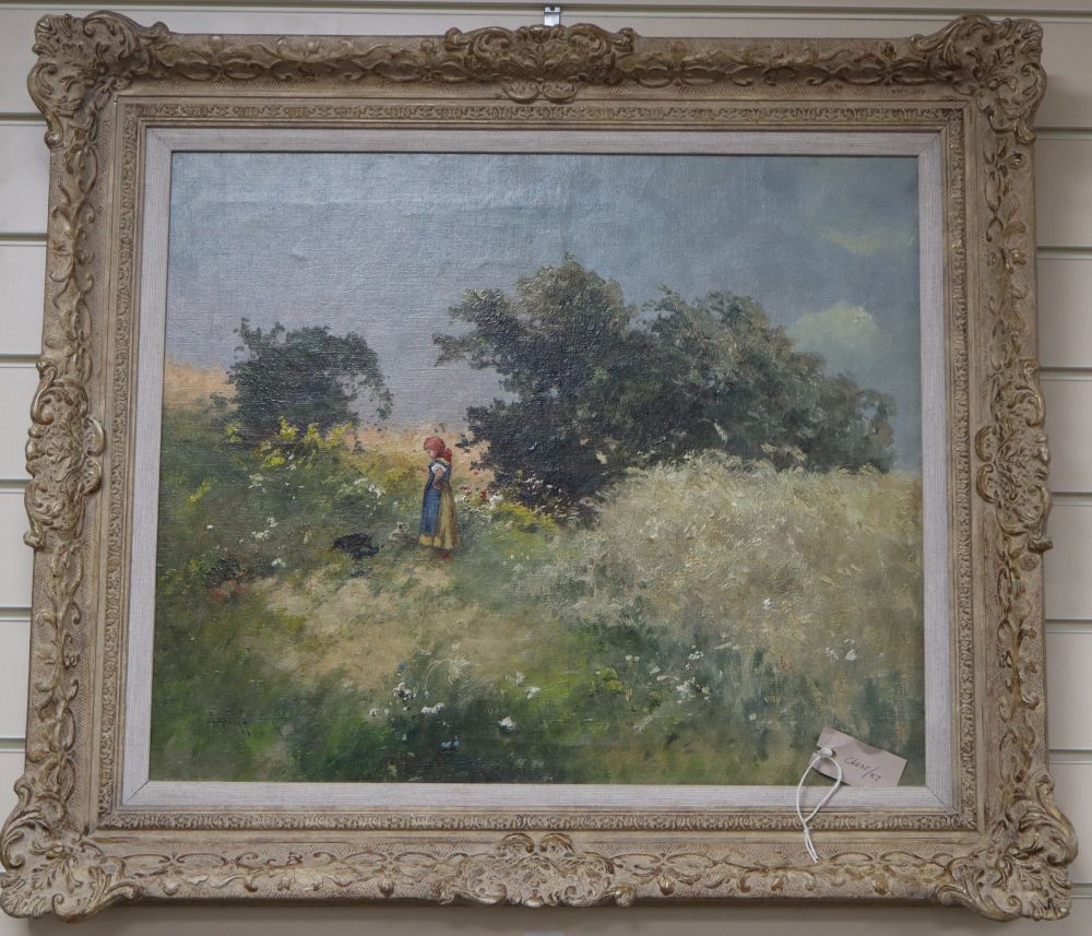 Anton Neogrady (1861-1942), oil on canvas, Peasant girl in a field, signed, 50 x 60cm